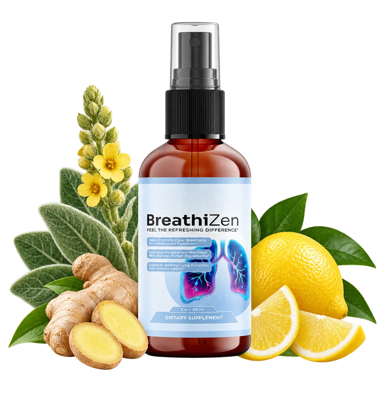 BreathiZen spray with mullein flowers, ginger root and lemon