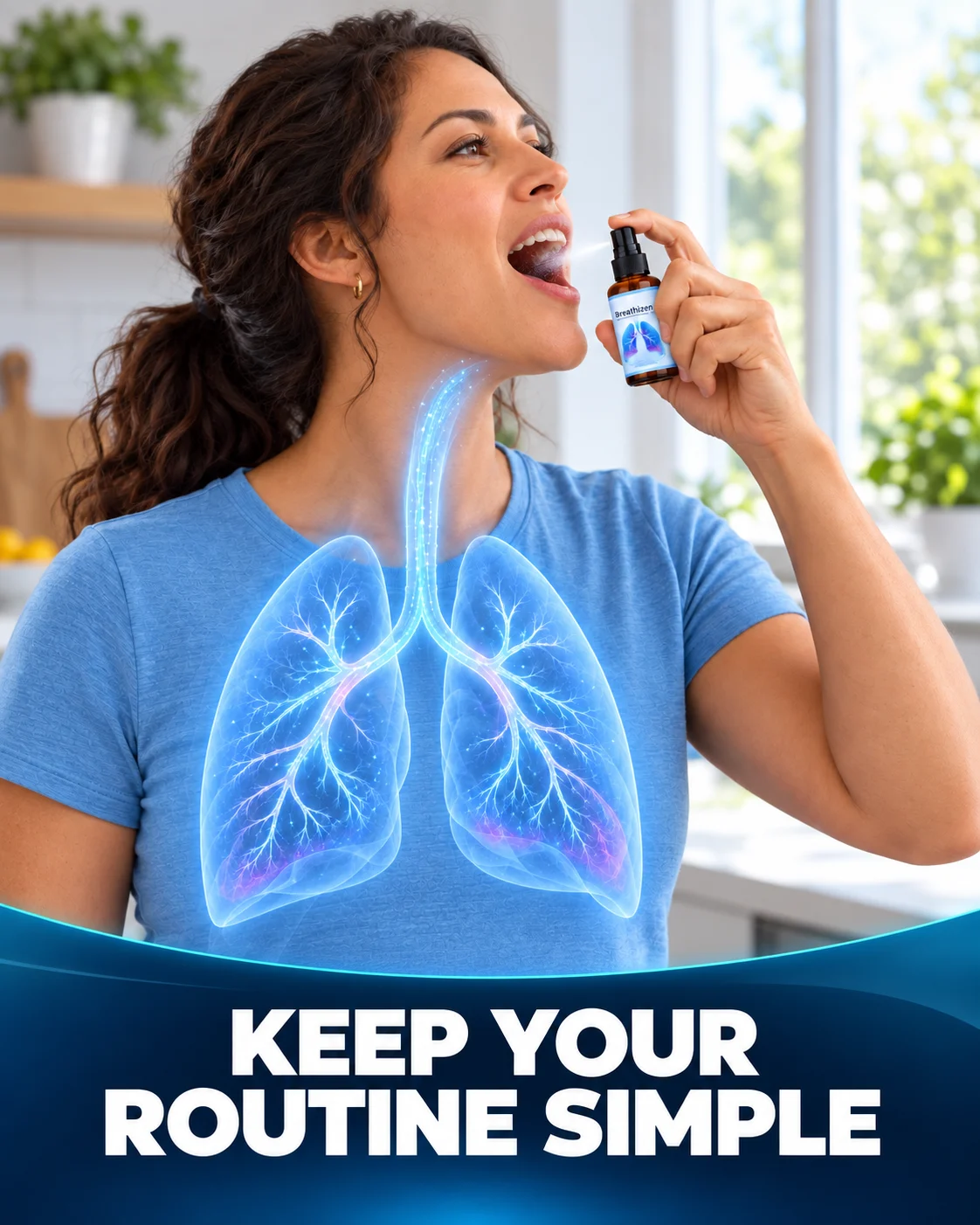 Woman taking four sprays of BreathiZen
